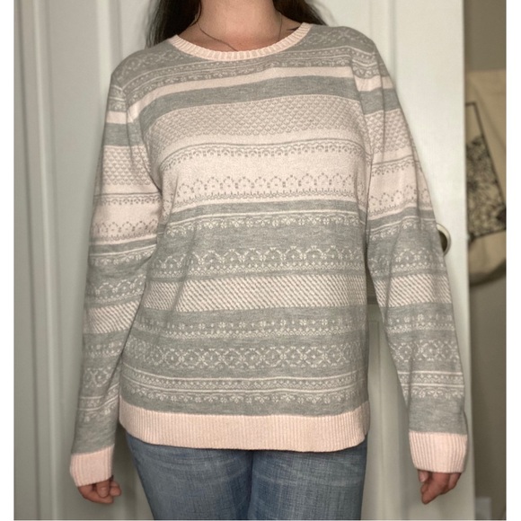 Cute Shoujo Girl Baby Pink & Gray Fair Isle Winter Print SOFT Crewneck Sweater - Picture 1 of 8